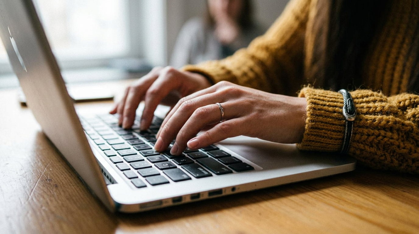 Hands in a mustard yellow sweater typing on a laptop